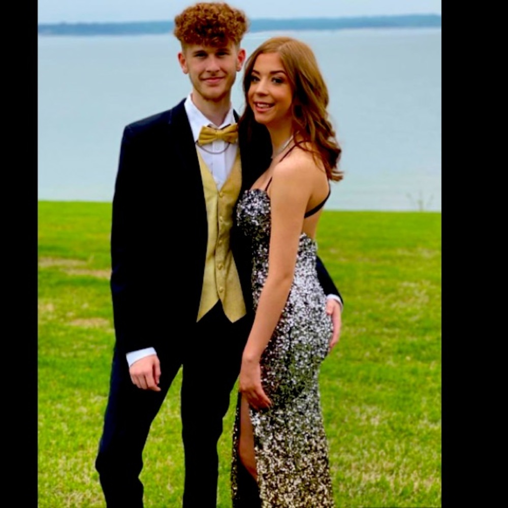 B Darlin Prom dress black silver to hold. 3/4.